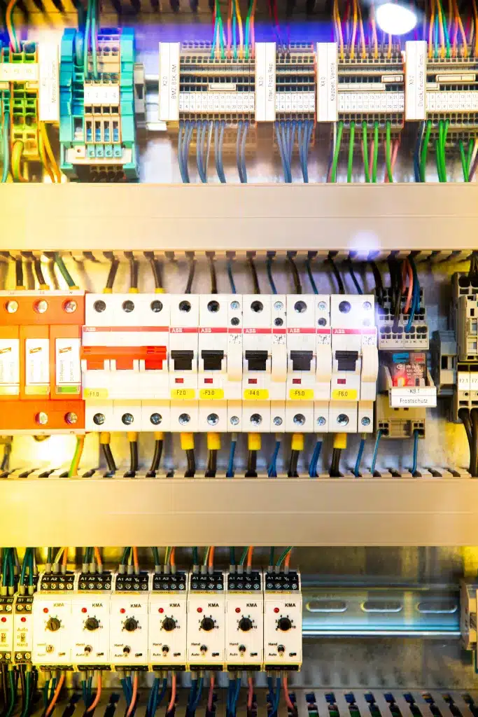 Electrical works example image featuring a breaker box with a colourful wired background